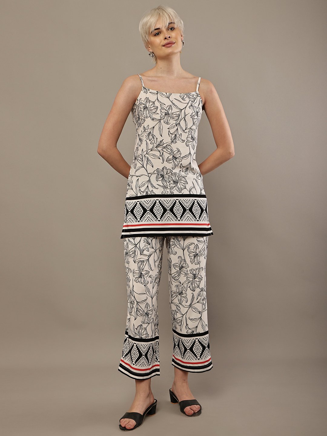 Women’s Black & White Floral Rayon Co-Ord Set – Sleeveless Camisole Top with Printed Wide Leg Pants - Image 4