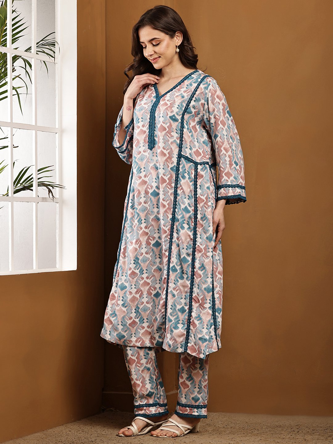 Women’s Abstract Printed Rayon Kurti Set with Straight Pants - Teal & Blush Ethnic Wear - Image 3