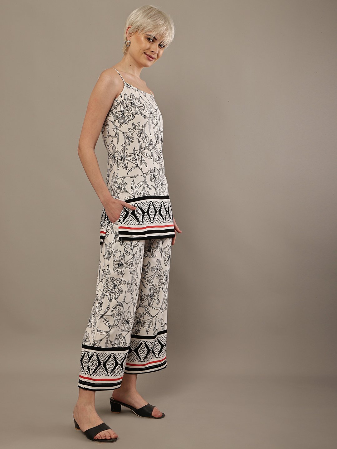 Women’s Black & White Floral Rayon Co-Ord Set – Sleeveless Camisole Top with Printed Wide Leg Pants - Image 5