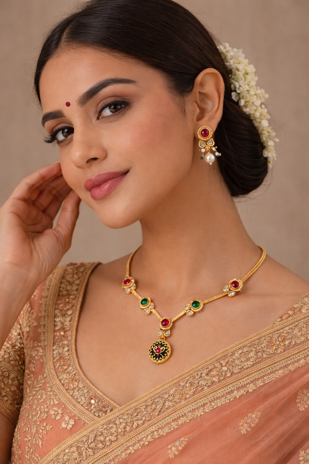 Red Green Pendant Necklace Set – Anti-Black Finish