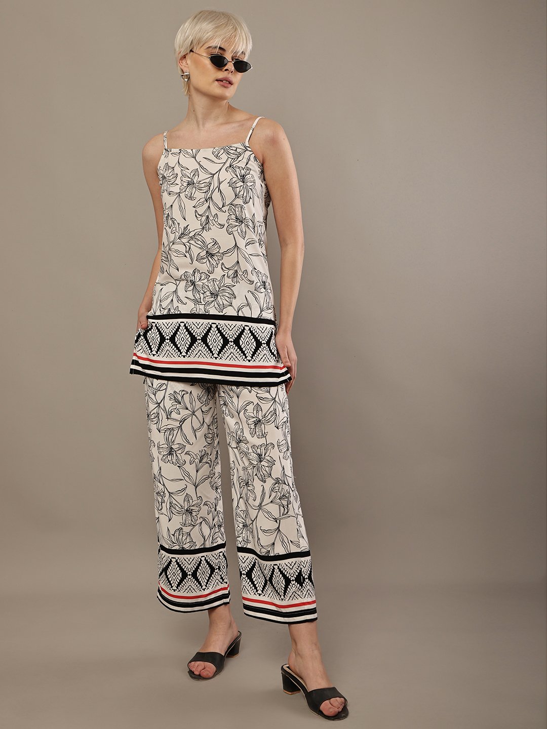 Women’s Black & White Floral Rayon Co-Ord Set – Sleeveless Camisole Top with Printed Wide Leg Pants - Image 3