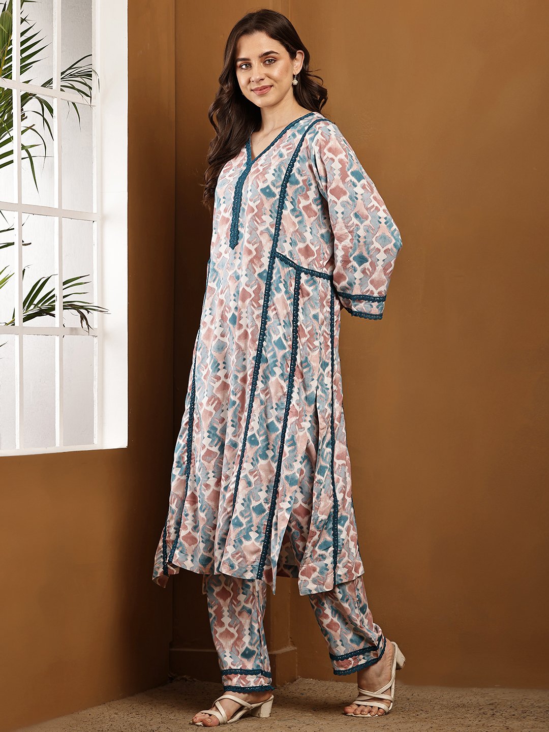 Women’s Abstract Printed Rayon Kurti Set with Straight Pants - Teal & Blush Ethnic Wear - Image 4