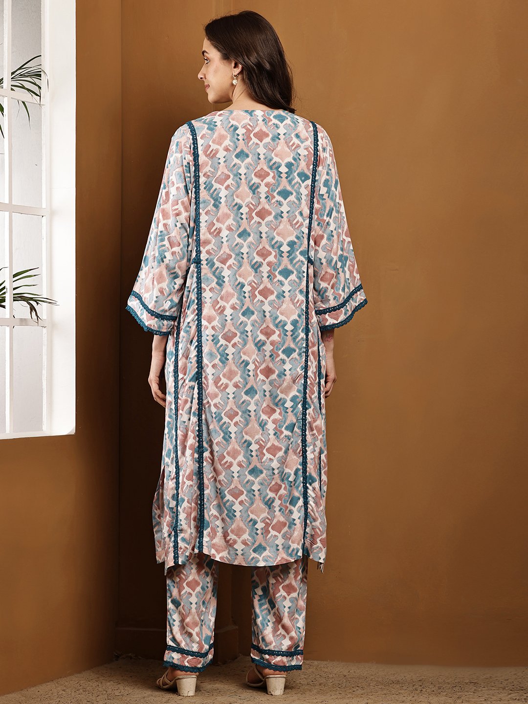 Women’s Abstract Printed Rayon Kurti Set with Straight Pants - Teal & Blush Ethnic Wear - Image 6