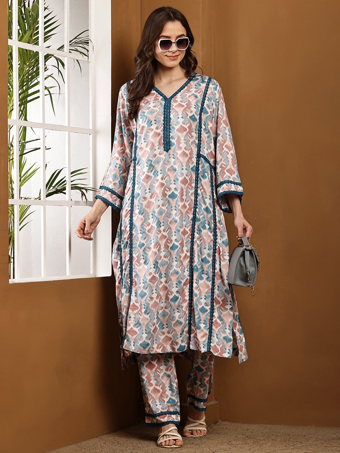Women’s Abstract Printed Rayon Kurti Set with Straight Pants - Teal & Blush Ethnic Wear - Image 5