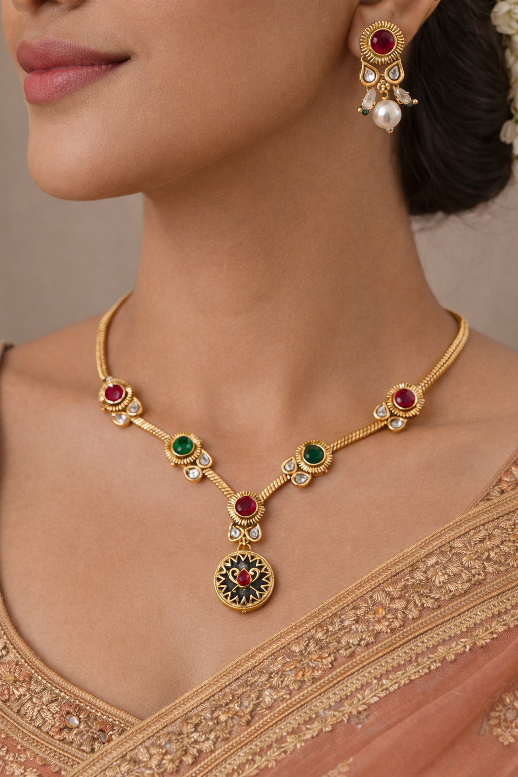 Red Green Pendant Necklace Set – Anti-Black Finish - Image 4