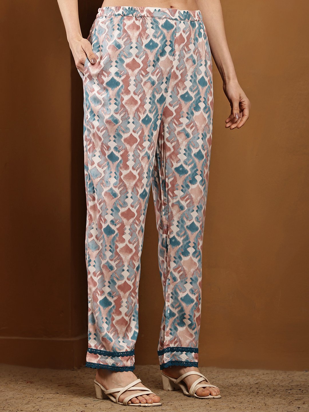 Women’s Abstract Printed Rayon Kurti Set with Straight Pants - Teal & Blush Ethnic Wear - Image 8