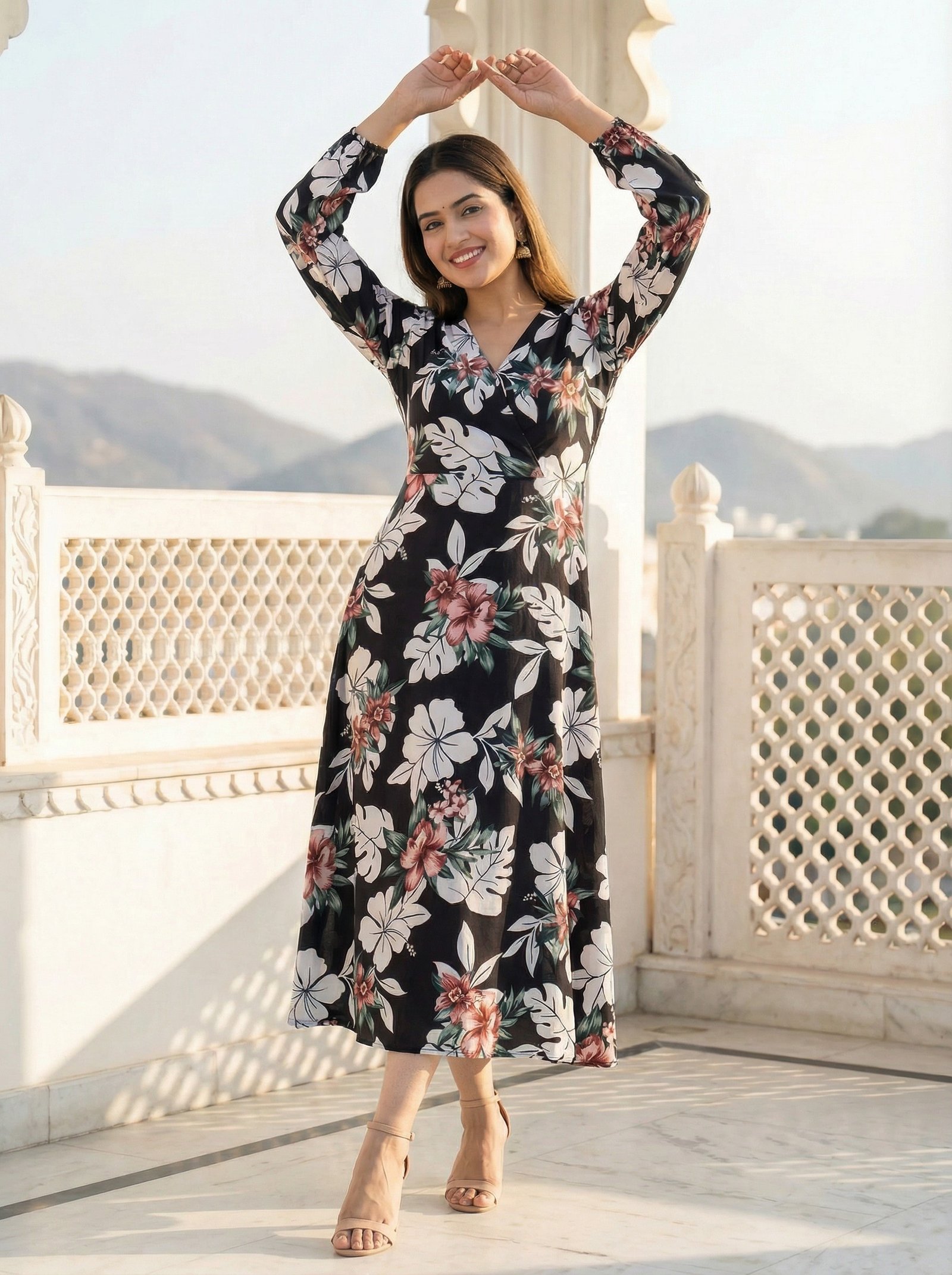 Black Floral Printed Rayon Midi Dress for Women - Image 6