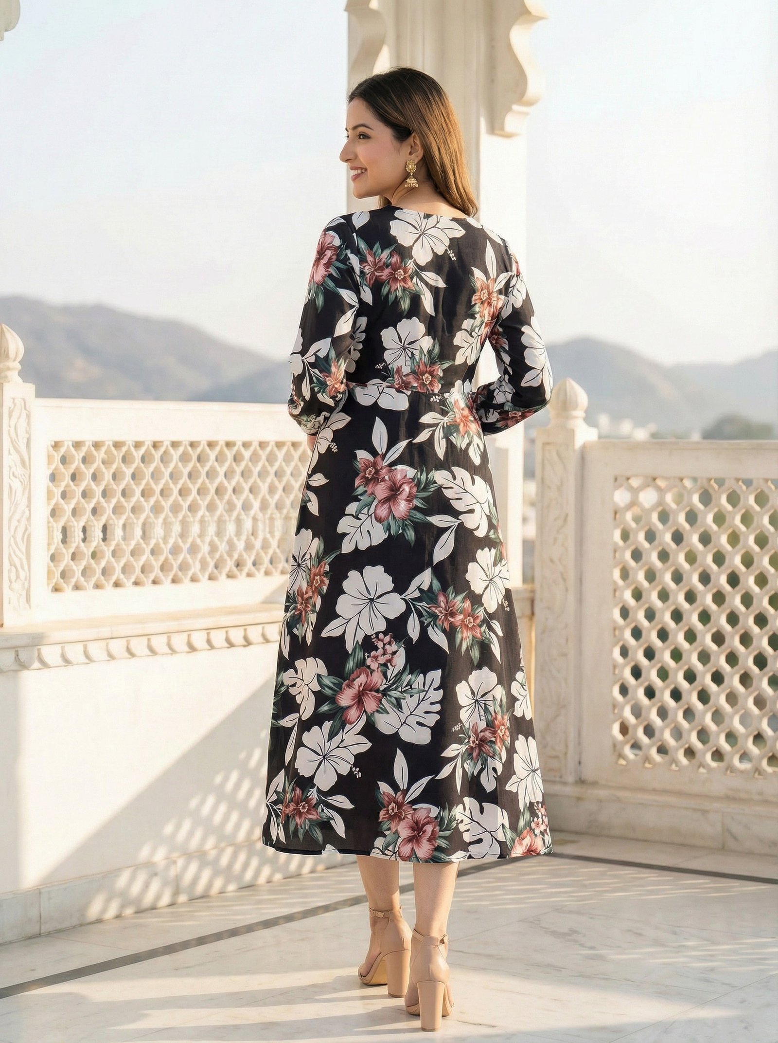 Black Floral Printed Rayon Midi Dress for Women - Image 4