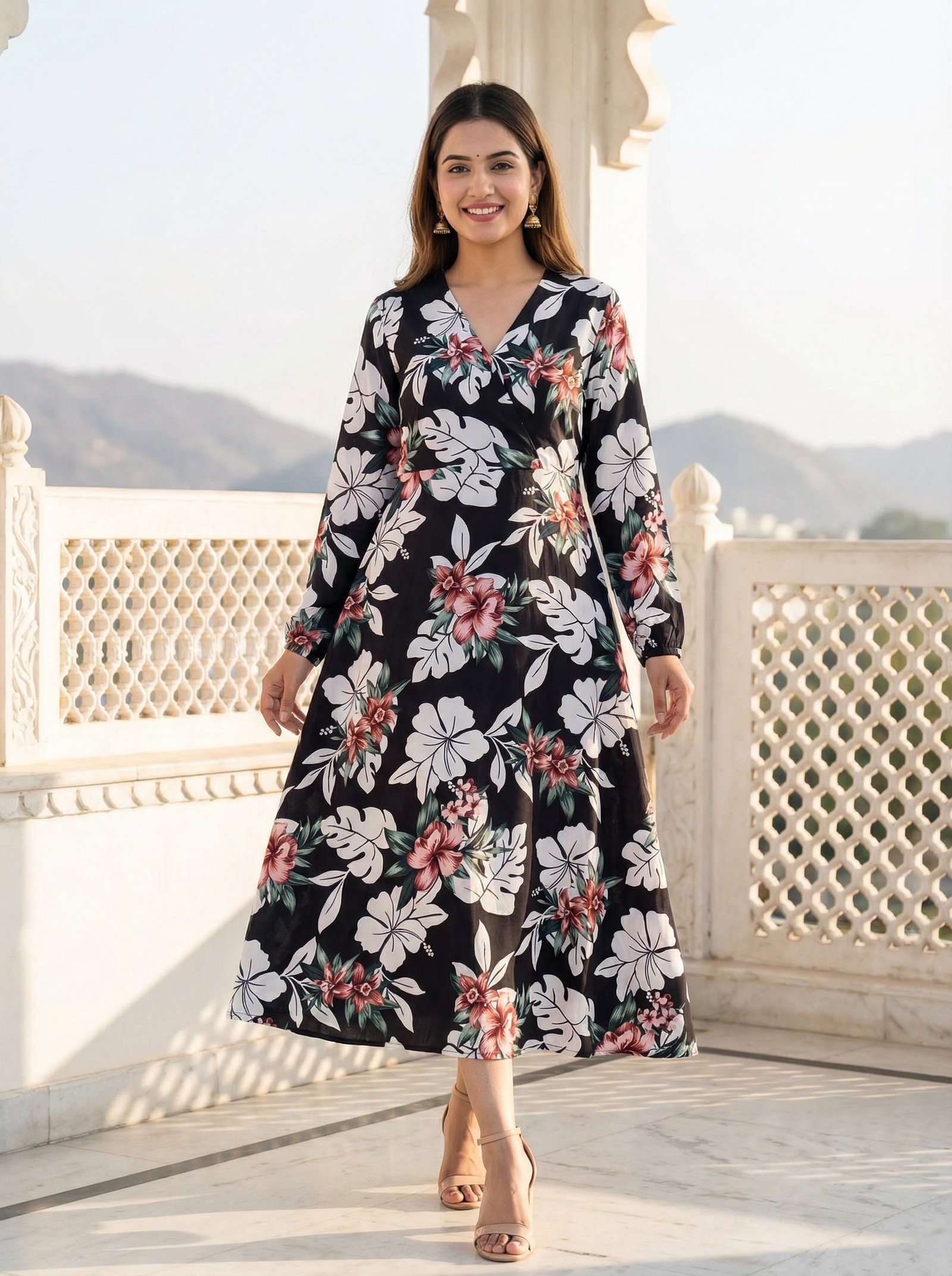 Black Floral Printed Rayon Midi Dress for Women - Image 5