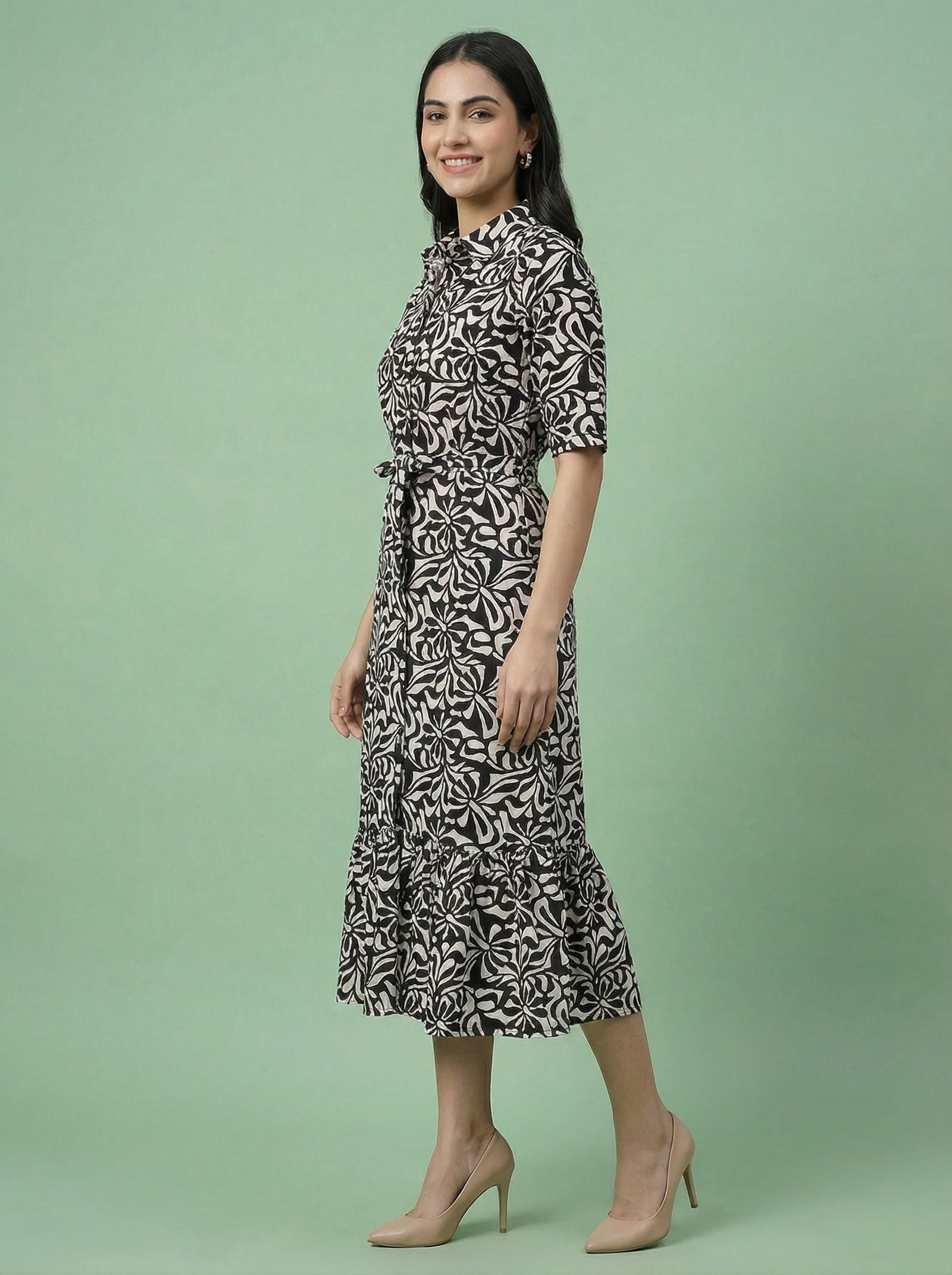 Black & White Rayon Midi Dress for Women | Belted Shirt Collar Dress - Image 2