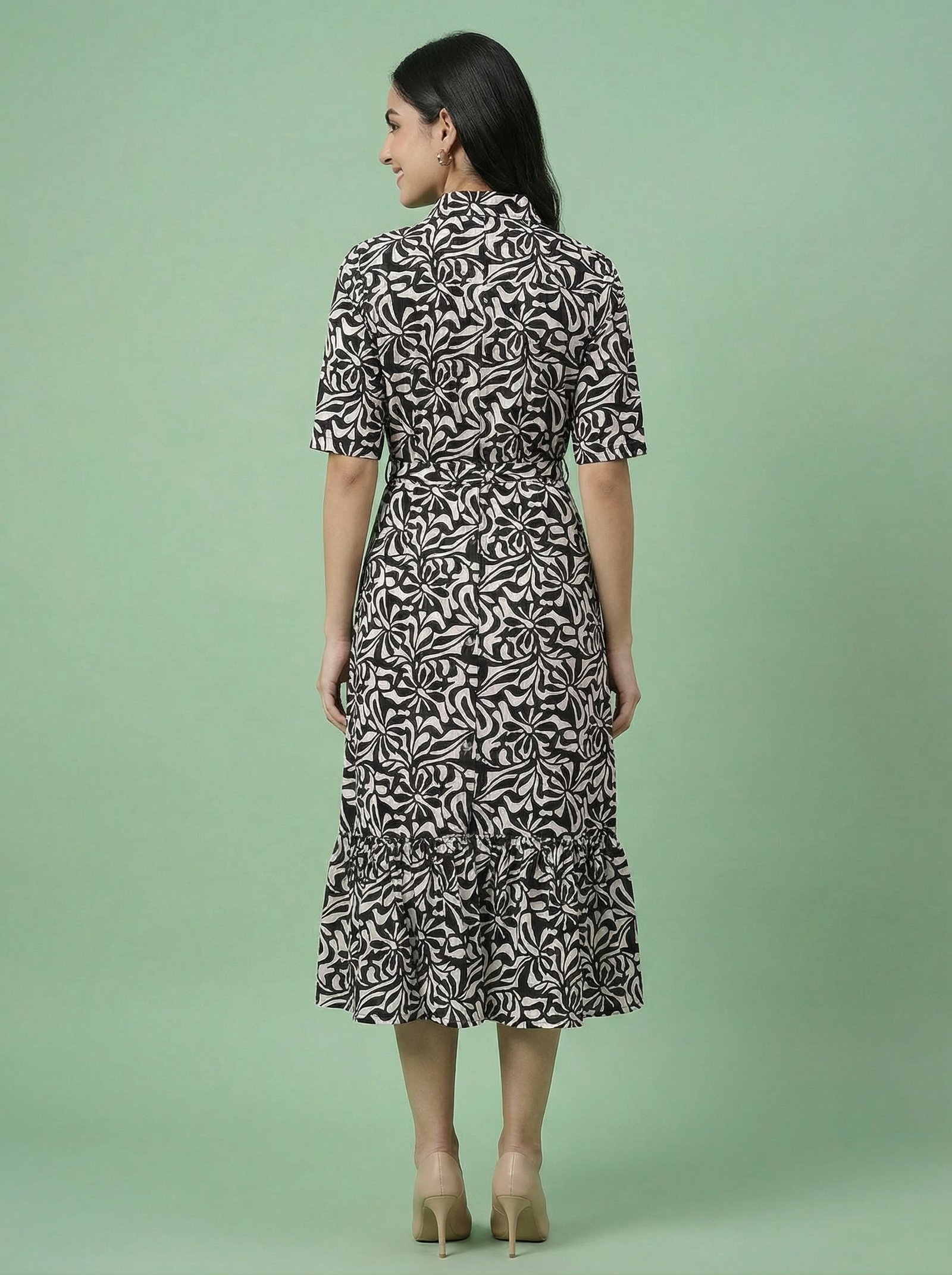 Black & White Rayon Midi Dress for Women | Belted Shirt Collar Dress - Image 4