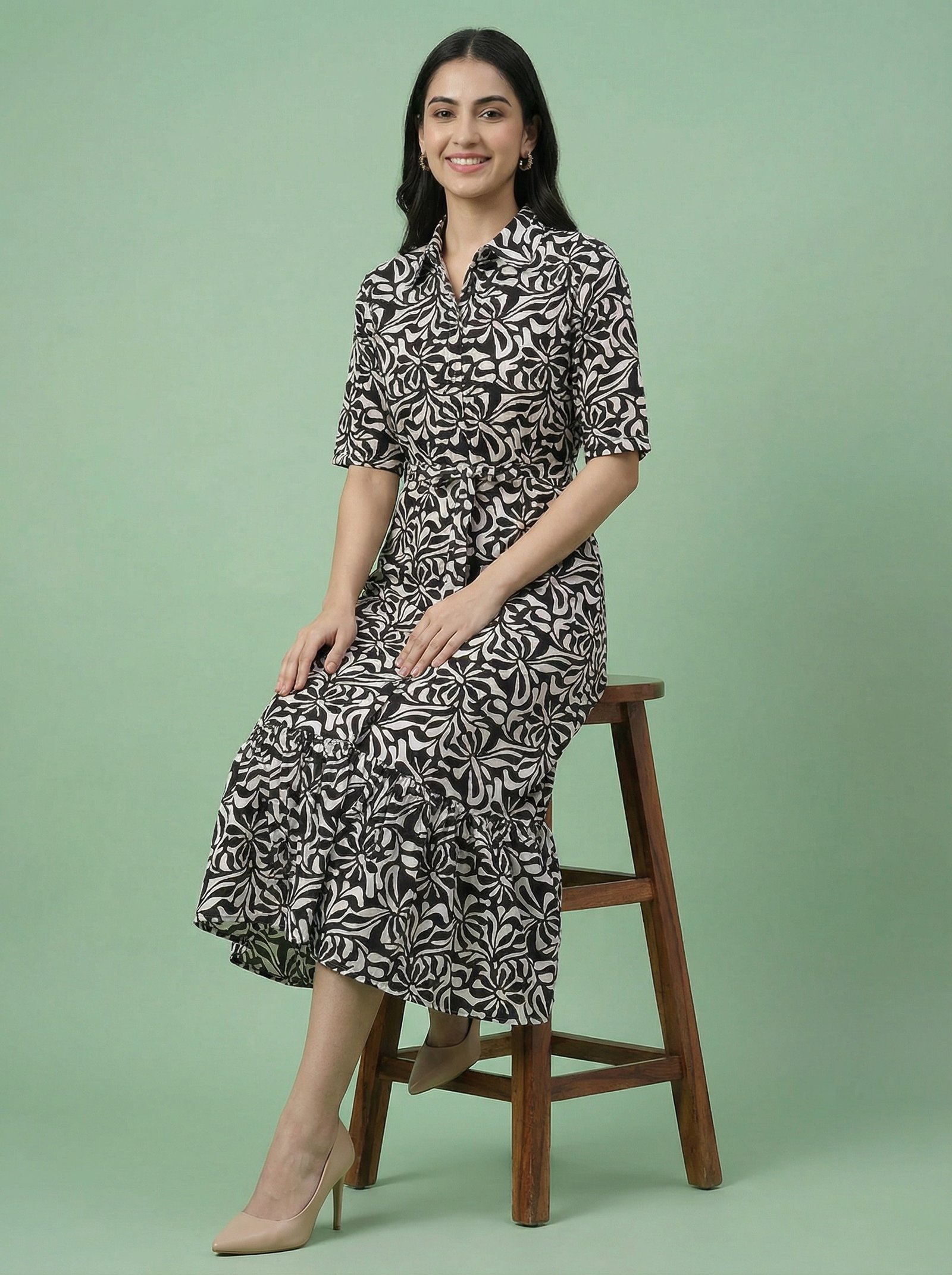 Black & White Rayon Midi Dress for Women | Belted Shirt Collar Dress - Image 3