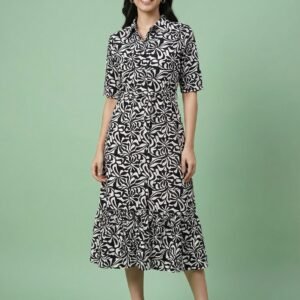 Black & White Rayon Midi Dress for Women | Belted Shirt Collar Dress