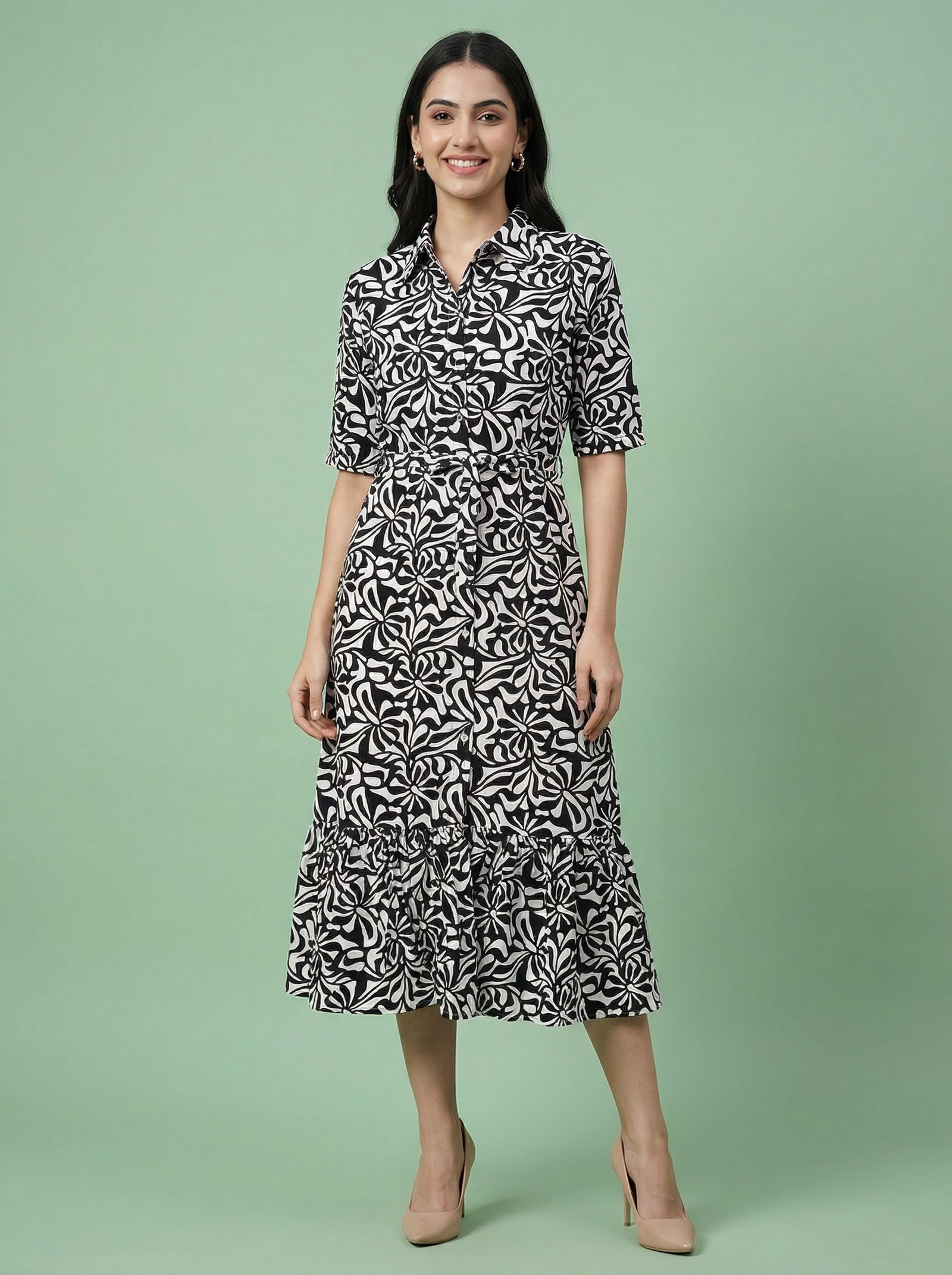 Black & White Rayon Midi Dress for Women | Belted Shirt Collar Dress