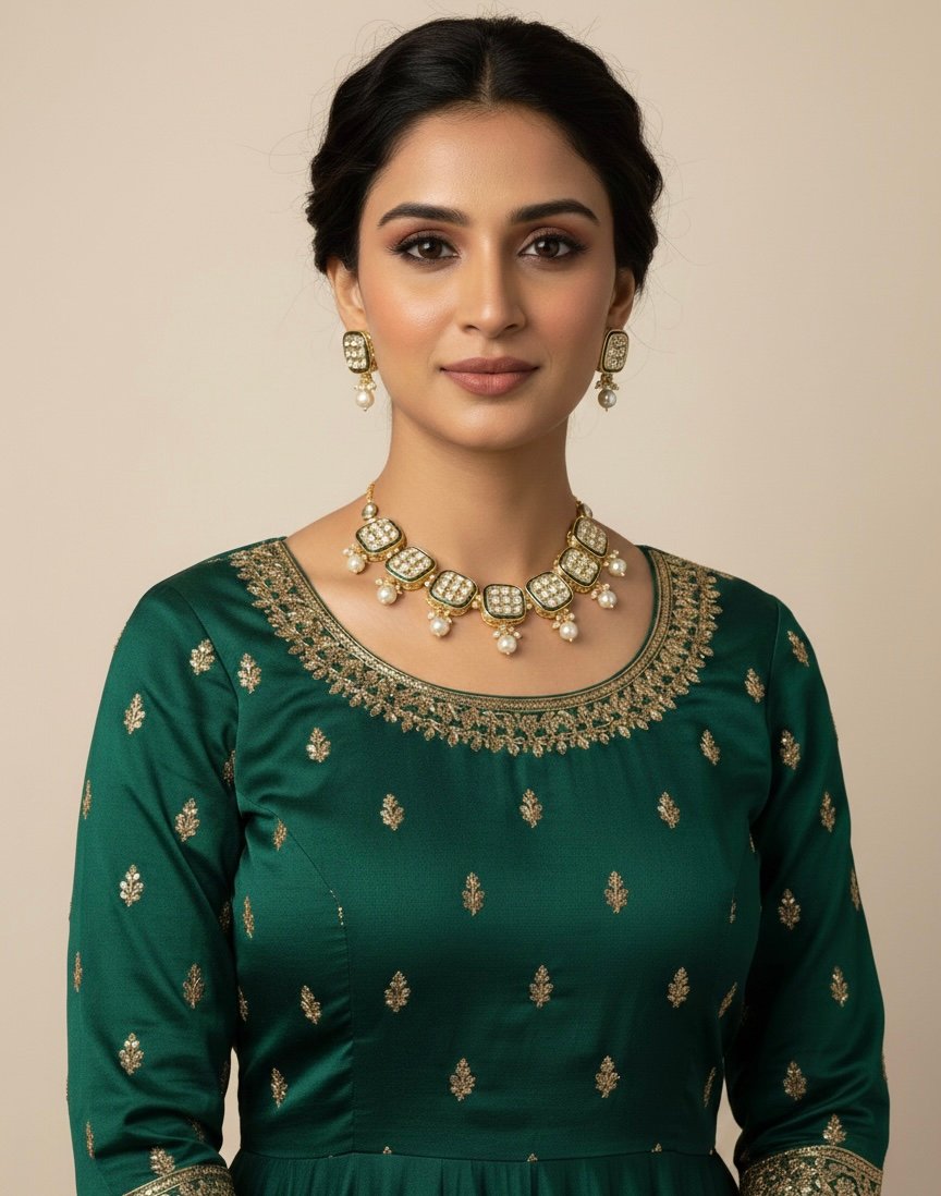 Green Kundan & Pearl Imitation Necklace Set – Anti-Tarnish Finish - Image 4