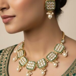 Green Kundan & Pearl Imitation Necklace Set – Anti-Tarnish Finish