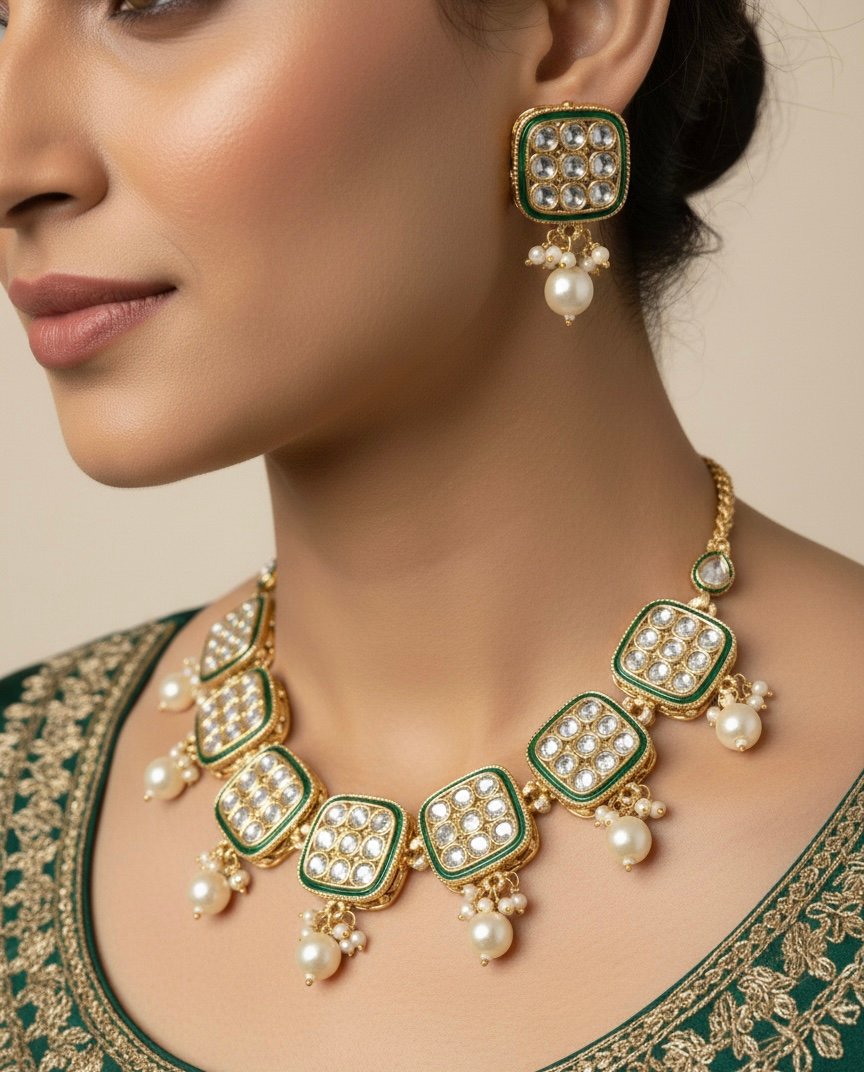 Green Kundan & Pearl Imitation Necklace Set – Anti-Tarnish Finish