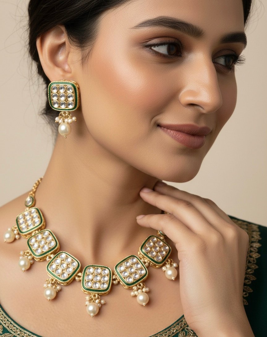 Green Kundan & Pearl Imitation Necklace Set – Anti-Tarnish Finish - Image 2
