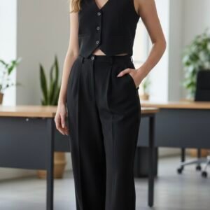 Women’s Scuba Crepe Co-Ord Set – Sleeveless V-Neck Waistcoat Top with High Waist Wide Leg Trousers