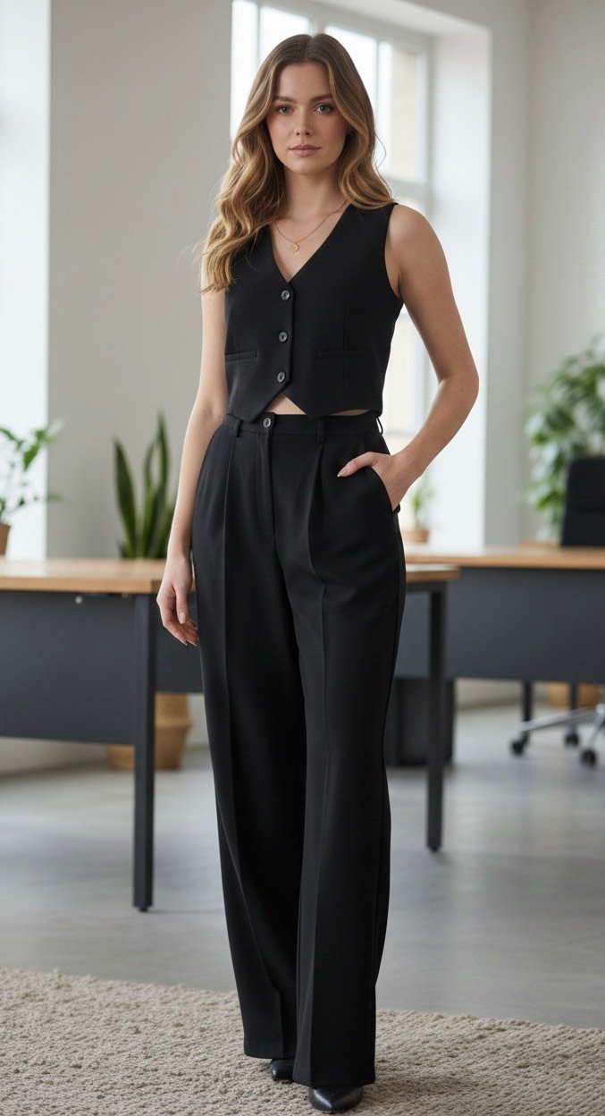 Women’s Scuba Crepe Co-Ord Set – Sleeveless V-Neck Waistcoat Top with High Waist Wide Leg Trousers