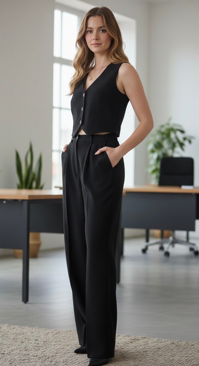 Women’s Scuba Crepe Co-Ord Set – Sleeveless V-Neck Waistcoat Top with High Waist Wide Leg Trousers - Image 4