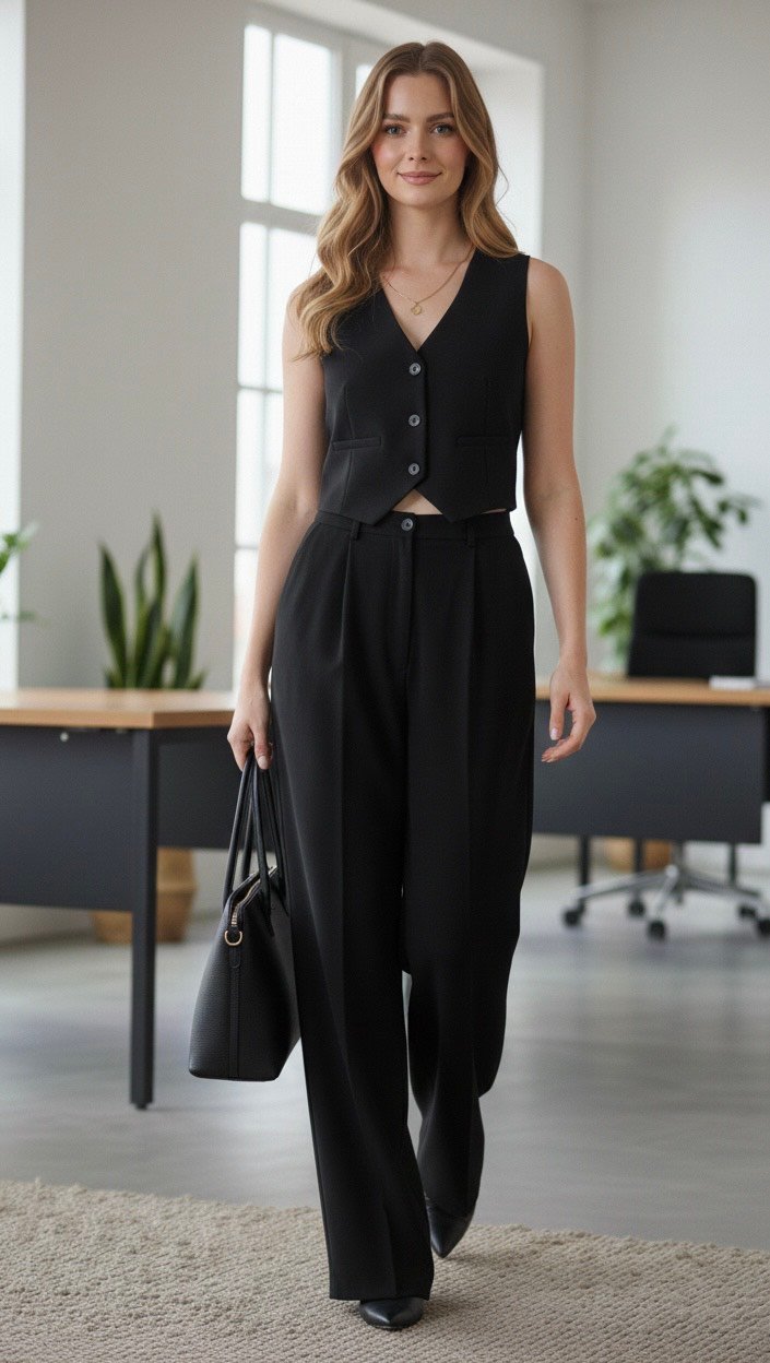 Women’s Scuba Crepe Co-Ord Set – Sleeveless V-Neck Waistcoat Top with High Waist Wide Leg Trousers - Image 2