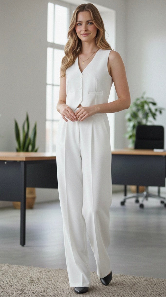 Women’s Scuba Crepe Co-Ord Set – Sleeveless V-Neck Waistcoat Top with High Waist Wide Leg Trousers - Image 7