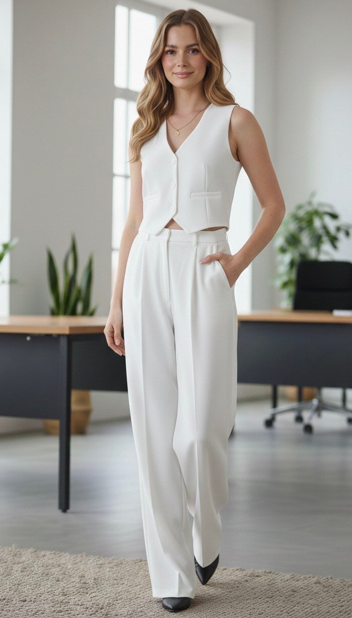 Women’s Scuba Crepe Co-Ord Set – Sleeveless V-Neck Waistcoat Top with High Waist Wide Leg Trousers - Image 8