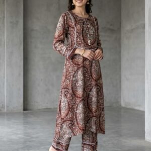 Brown Paisley Printed Kurti Pant Set for Women | Ethnic Co-ord Set with Straight Pants