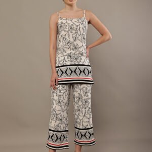 Women’s Black & White Floral Rayon Co-Ord Set – Sleeveless Camisole Top with Printed Wide Leg Pants