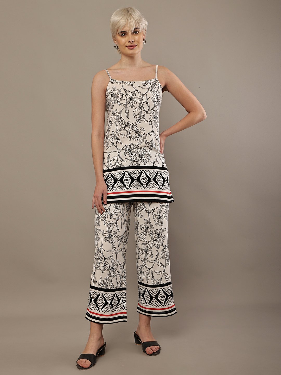 Women’s Black & White Floral Rayon Co-Ord Set – Sleeveless Camisole Top with Printed Wide Leg Pants