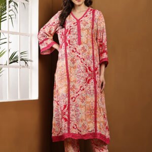 Women’s Paisley Printed Rayon Kurti Set with Straight Pants - Peach & Red Ethnic Wear