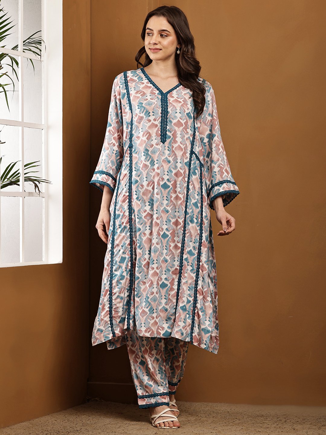 Women’s Abstract Printed Rayon Kurti Set with Straight Pants - Teal & Blush Ethnic Wear