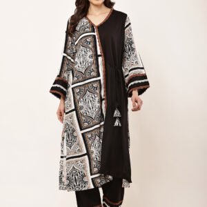 Black & White Printed Rayon Kurti Pant Set for Women | Stylish Ethnic Co-ord Set