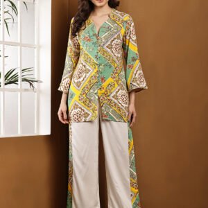Women’s Printed Rayon Co-Ord Set with Wide-Leg Pants - Green & Mustard Statement Outfit
