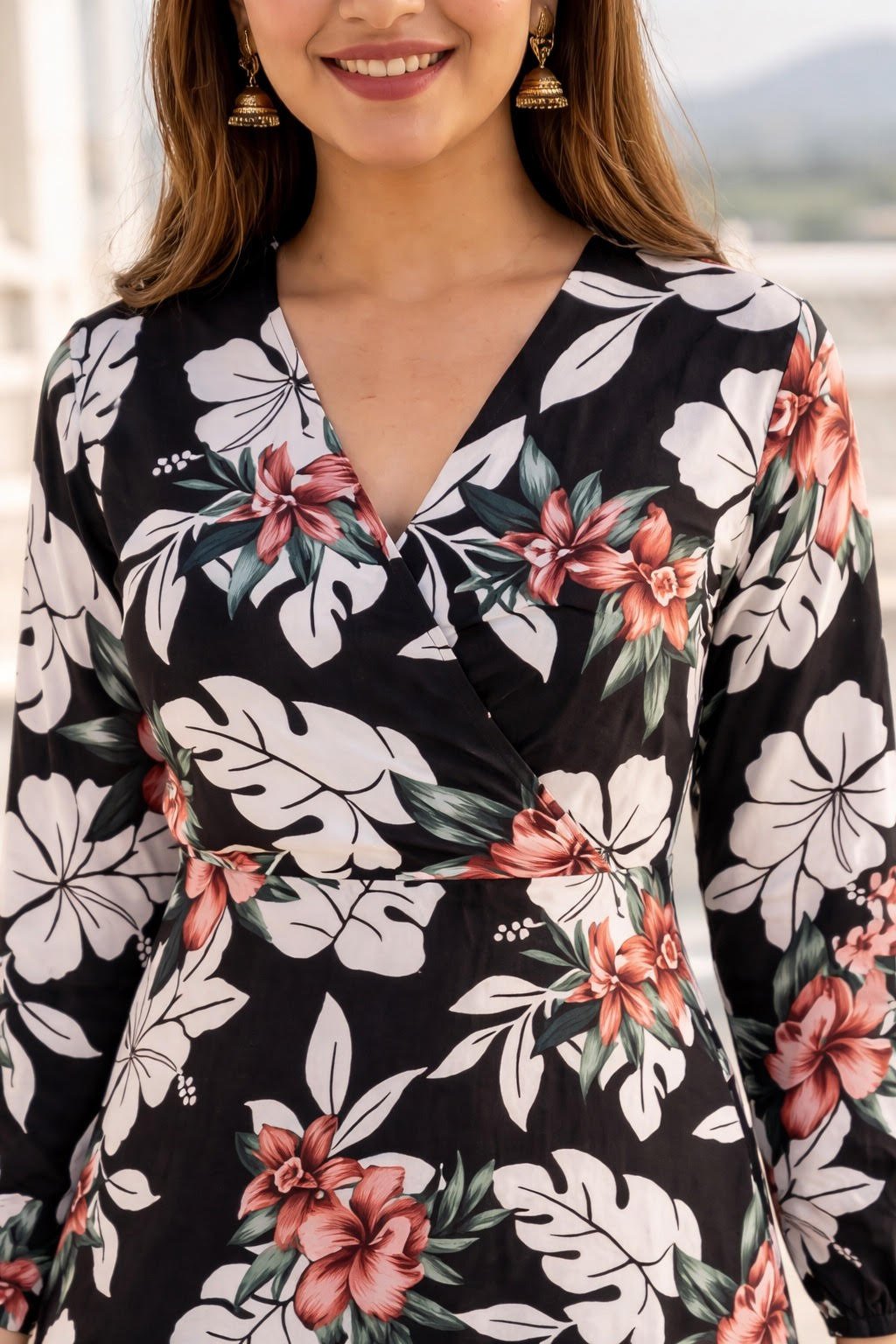 Black Floral Printed Rayon Midi Dress for Women - Image 3