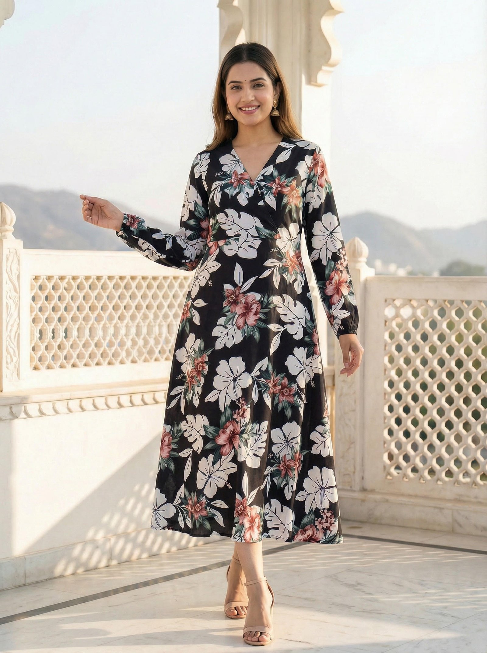 Black Floral Printed Rayon Midi Dress for Women - Image 2