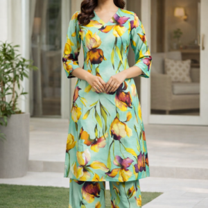 Floral Print Kurti Set - V-Neck Kurta with Matching Pants