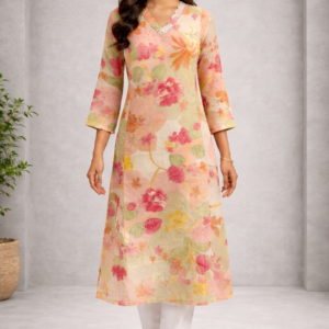 Peach Floral Printed Kurti for Women - Elegant V-Neck A-Line Kurta